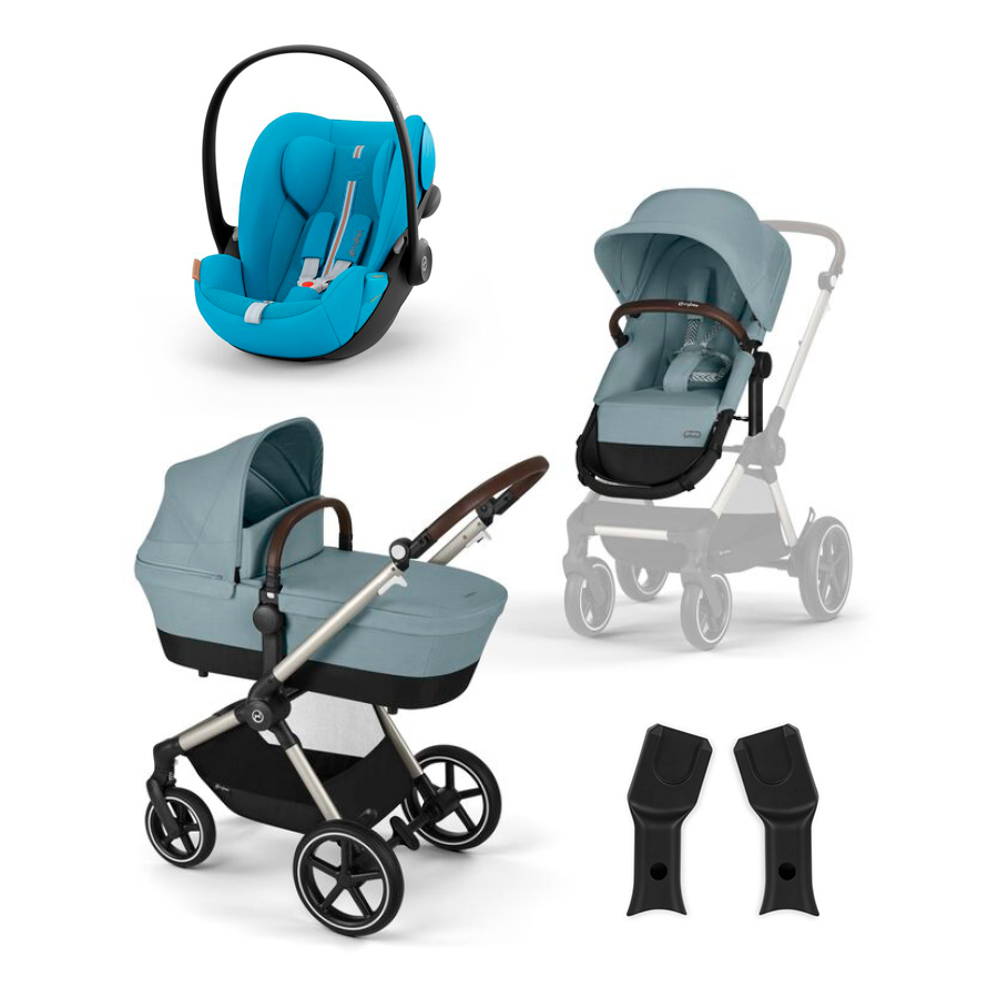 cybex GOLD Carrito de bebé EOS Lux Sky Blue con silla de auto Cloud G i-Size Plus Beach Blue y adaptador 