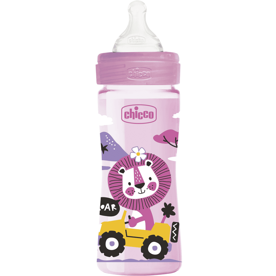 chicco Biberon Well-Being Colored, 250ml, flusso medio, girl, 2M+
