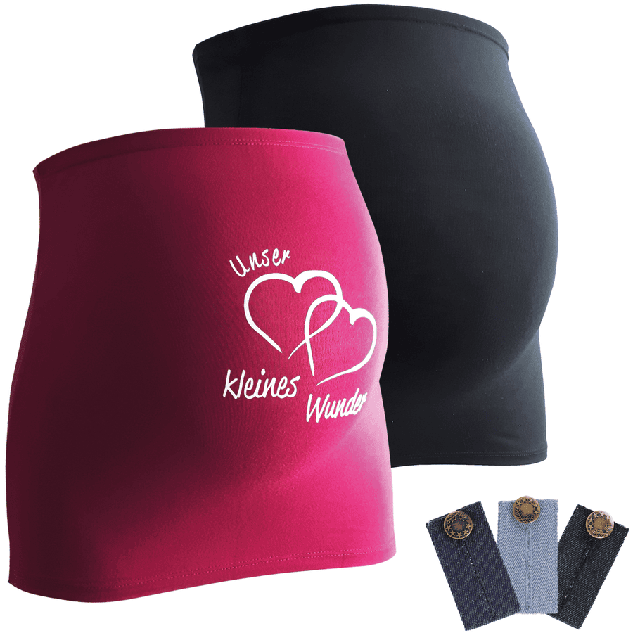 mamaband Belly Band 2-Pack Our Little Miracle + 3-Pack Pants Extension black/magenta