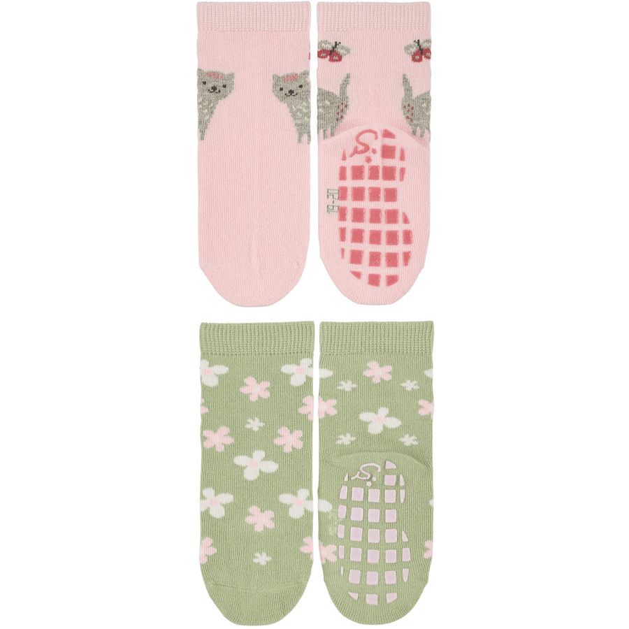 Sterntaler ABS sokker dobbel pack katt og blomster rosa