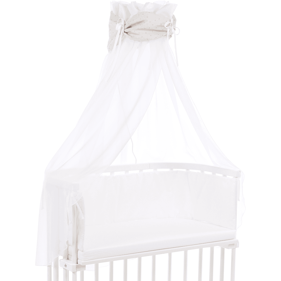 Cotton babybay® baldachim Organic Royal z kokardą pasuje do wszystkich modeli beżowy brokat w złote kropki