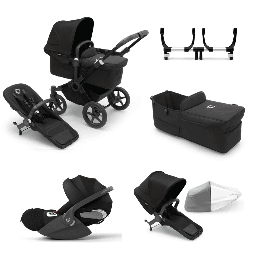 bugaboo Donkey Black Donkey Donkey PLATINUM I-Size Barnevogn 5 Mono Complete inkl. udvidelsessæt og betræk til liggedel 5 Complete, Twin-adapter og cybex Cloud T-autostol Black 