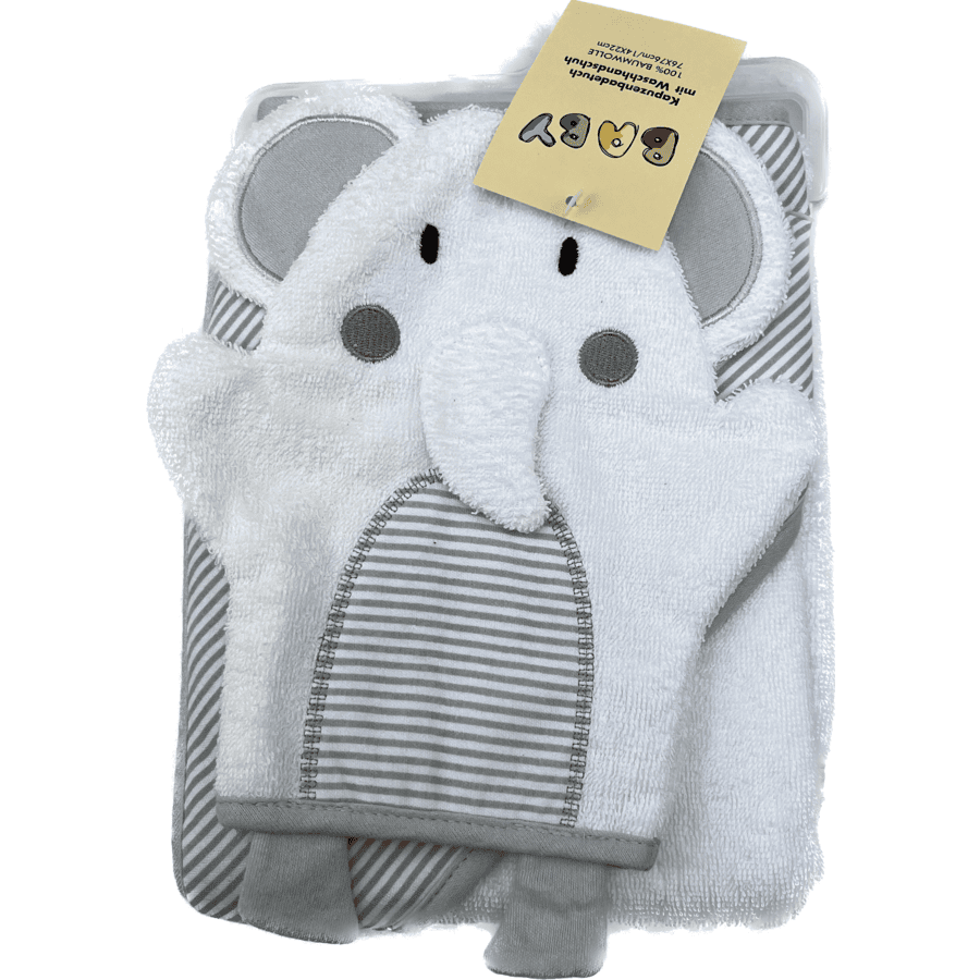 Hütte Set de regalo toalla de baño con capucha y manopla elefante gris