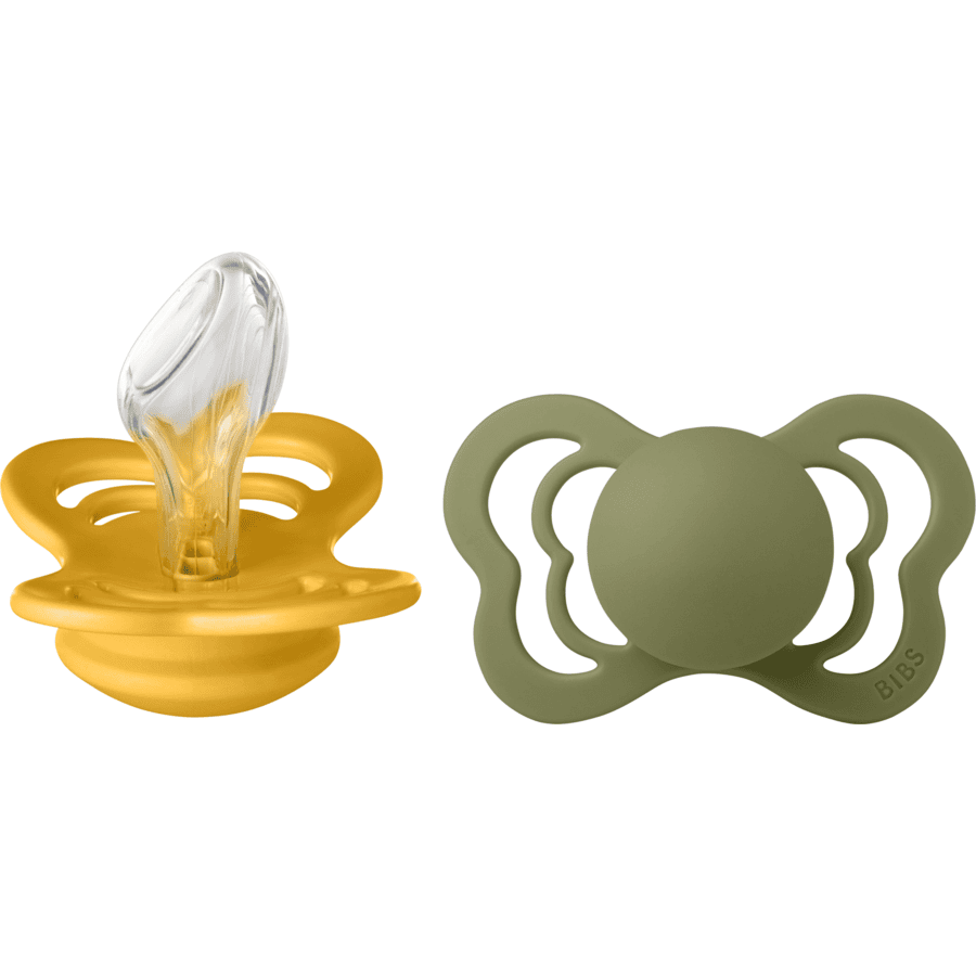 BIBS Soother Couture Honey Bee/ Olive Silicone 6-36 mesi, 2 pezzi.