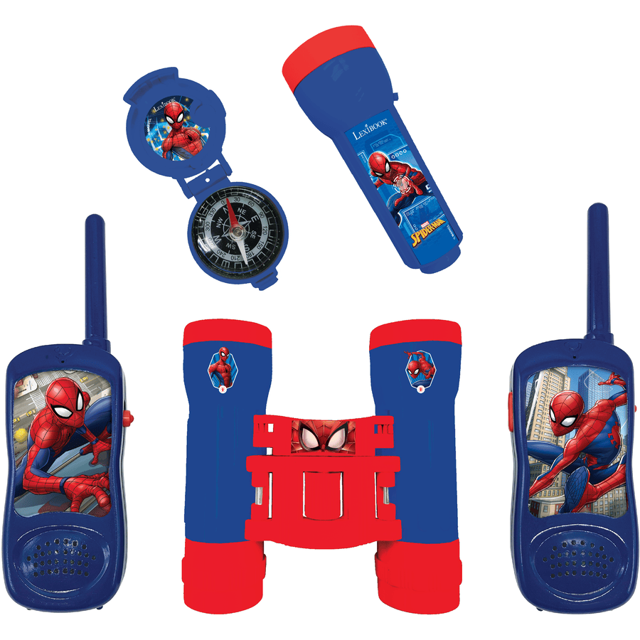LEXIBOOK Kit aventure enfant 2 talkie-walkies Spider-Man portée 120 m, jumelles, lampe-torche, boussole