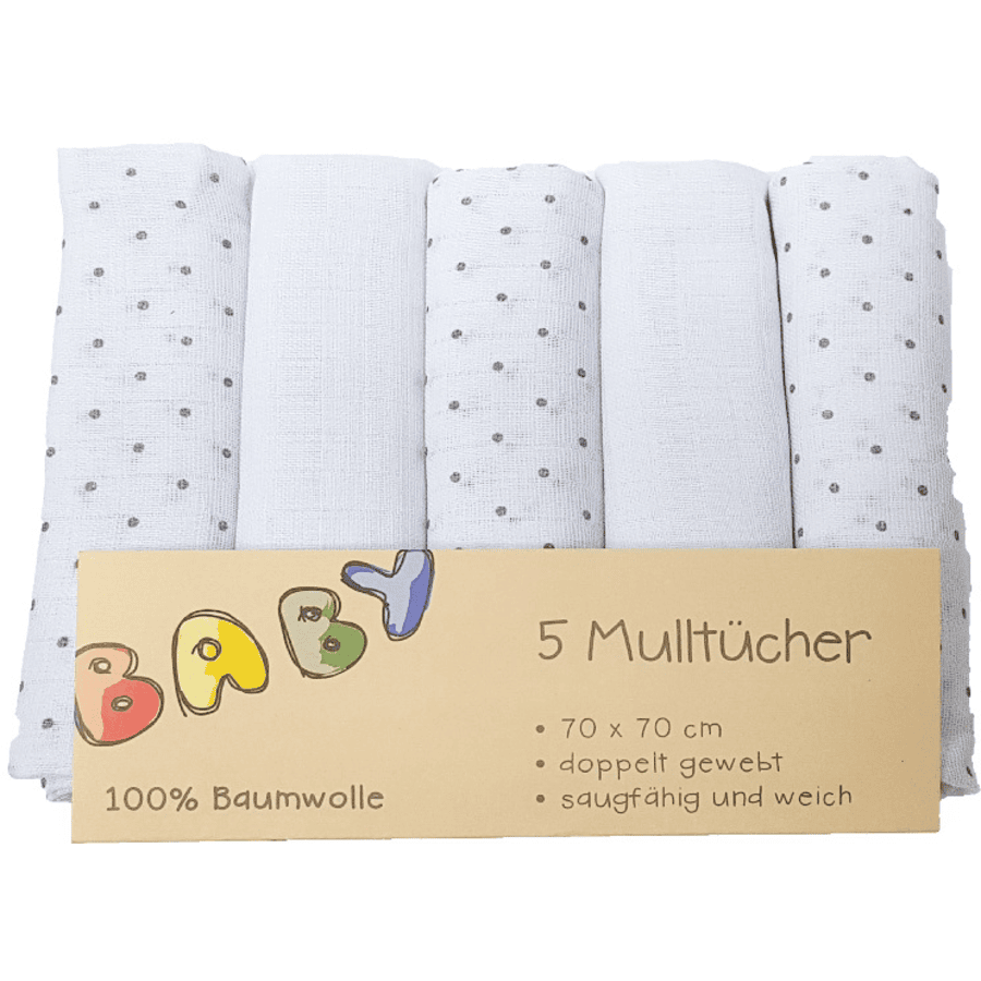 HÜTTE &amp; CO mousseline doeken 5-pack grijze stippen 