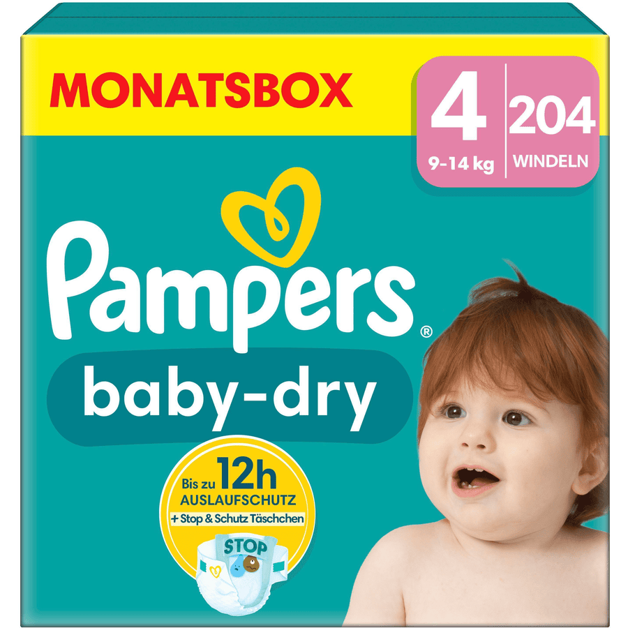 Pampers Pieluszki Baby-Dry, rozmiar 4, 9-14 kg, opakowanie miesięczne (1 x 204 pieluszki)