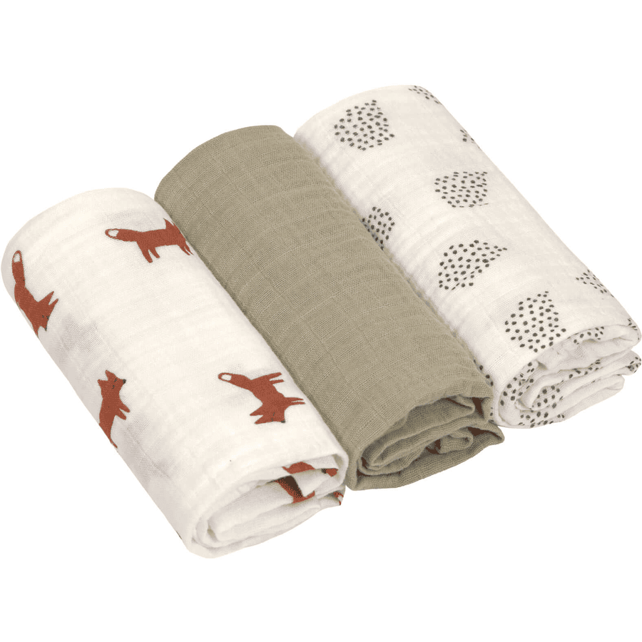 LÄSSIG Panni di garza M 3-pack Little Forest Fox 60 x 60 cm