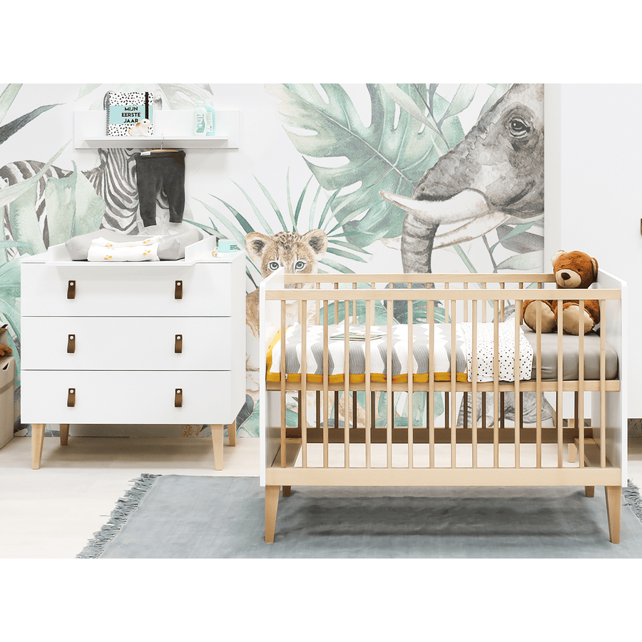 Bopita Ensemble lit enfant commode à langer plan Indy 60x120 cm bois blanc/naturel