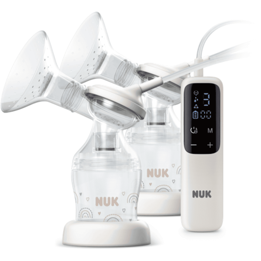 NUK Soft &amp; Easy sähköinen kaksoisrintapumppu ladattavalla akulla ja valkoisilla rintaliitoksilla sekä Perfect Match 150ml tuttipullolla.