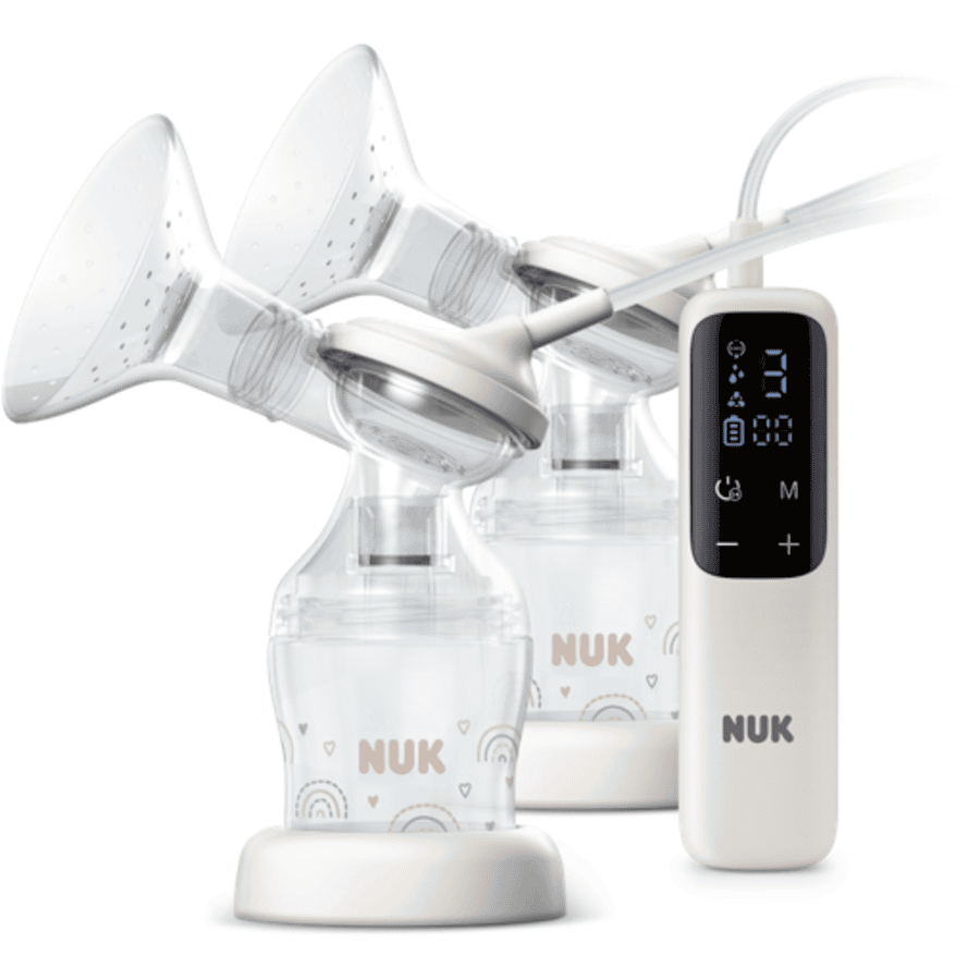 NUK Soft & Easy elektrisk dobbelt brystpumpe med genopladeligt batteri og hvide brysttilbehørsdele inkl. Perfect Match 150 ml sutteflaske