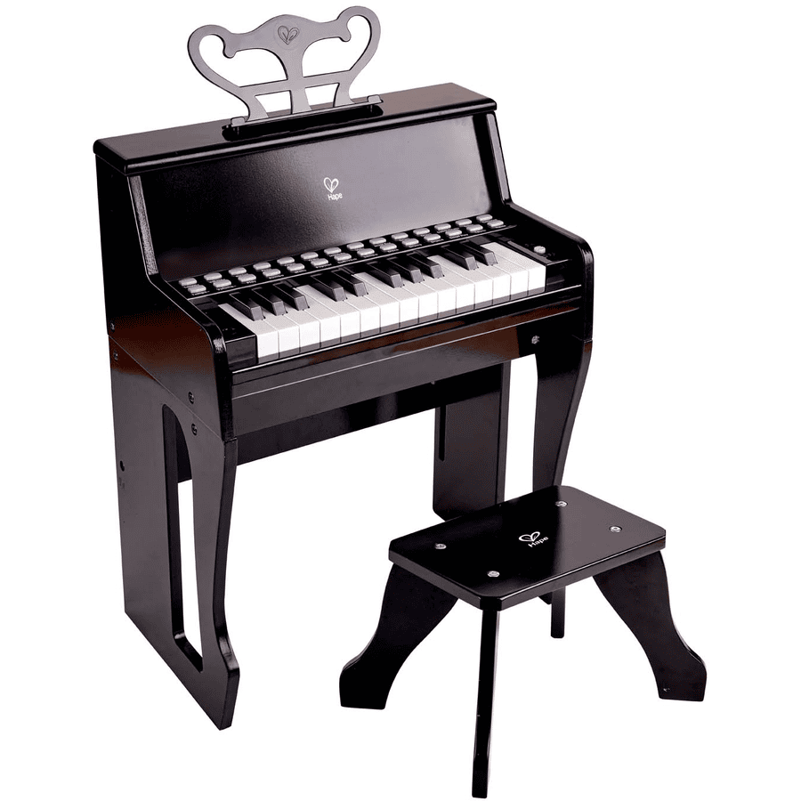 Geval Vlucht Detective Hape Piano met verlichte toetsen en kruk, zwart | pinkorblue.be