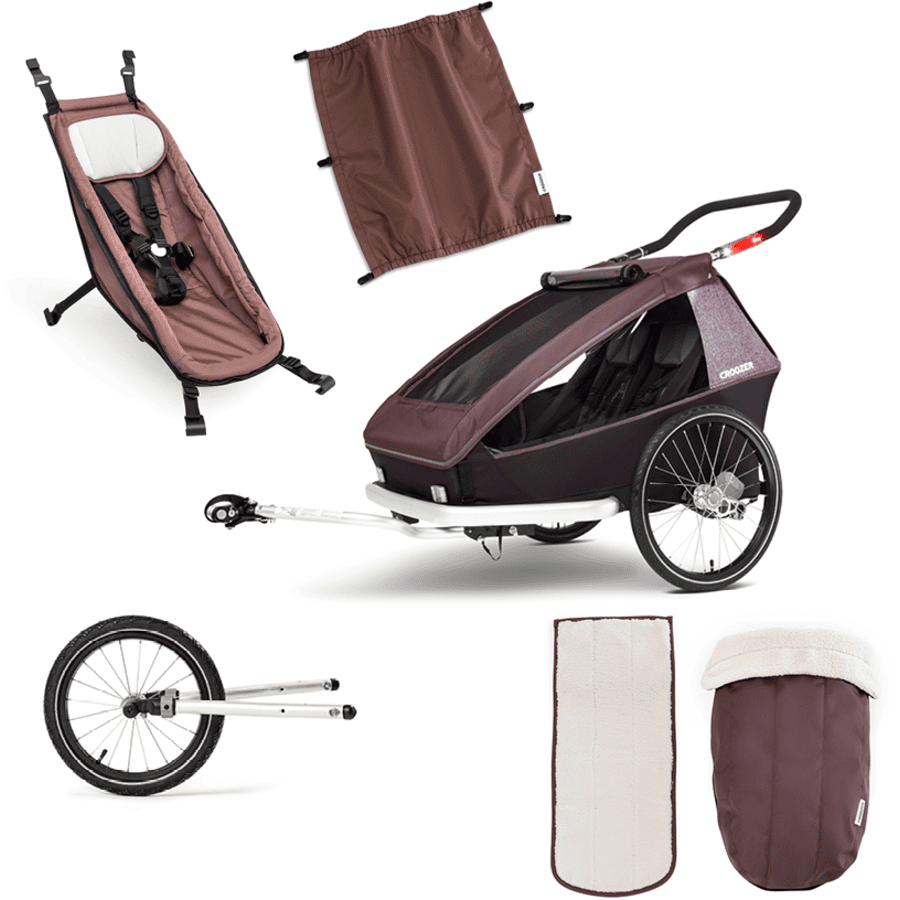 CROOZER Kid Vaaya 2 cykelkärra för barn inklusive barnstol med solskydd Blossom Red och joggingset