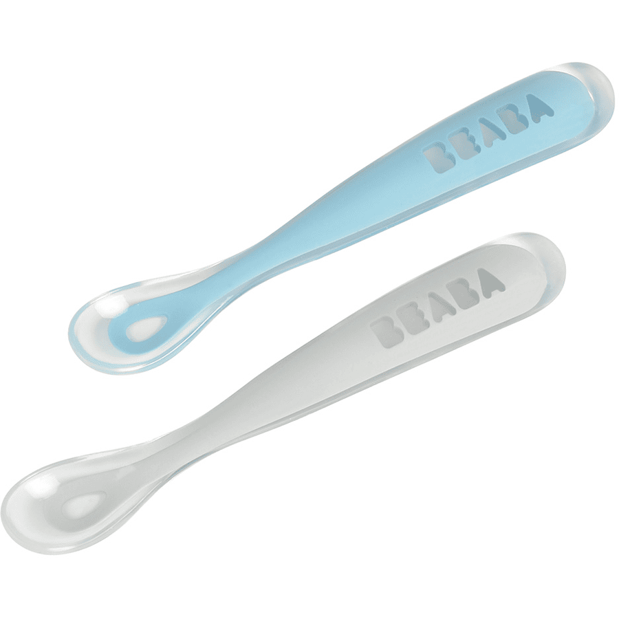 BEABA Set med 2 silikon babyskedar med förvaringslåda 1: a åldern blå / grå