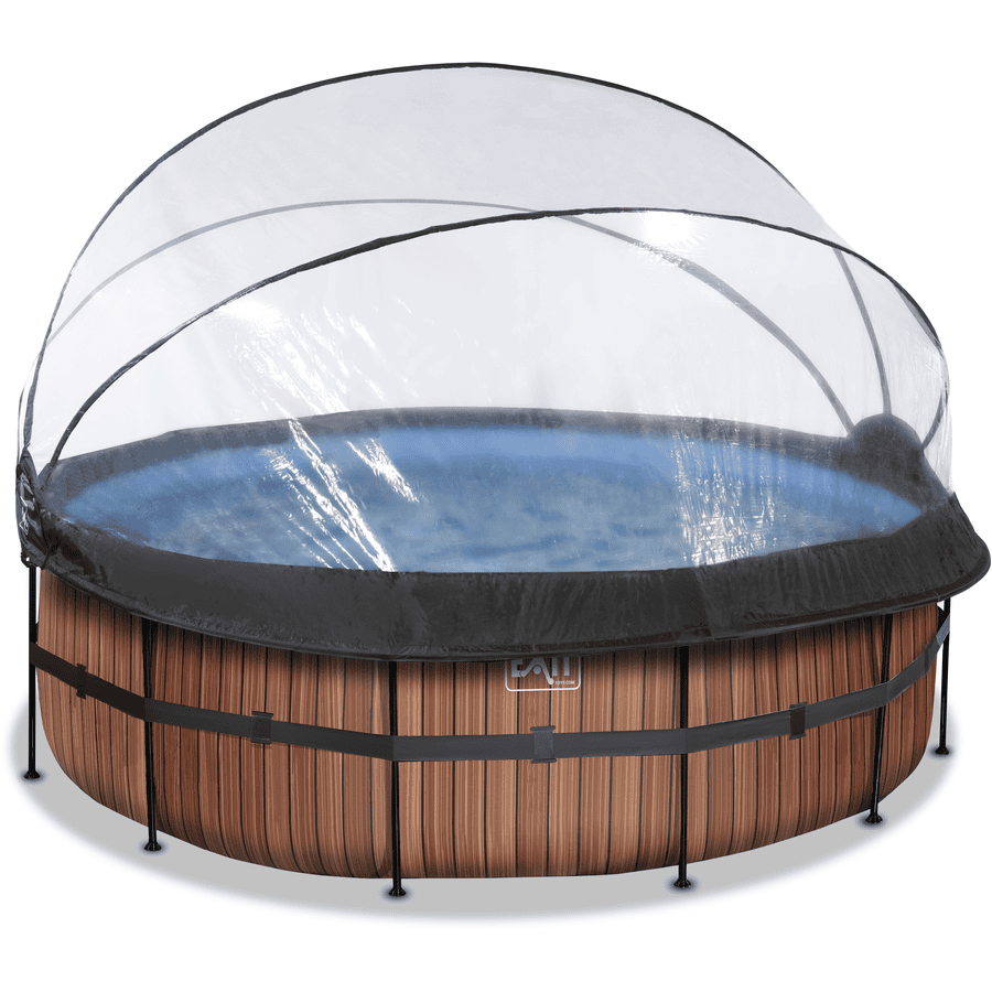 EXIT Frame Pool ø427x122cm (12v Sand filter) - Träoptik + Soltak + Värmepump