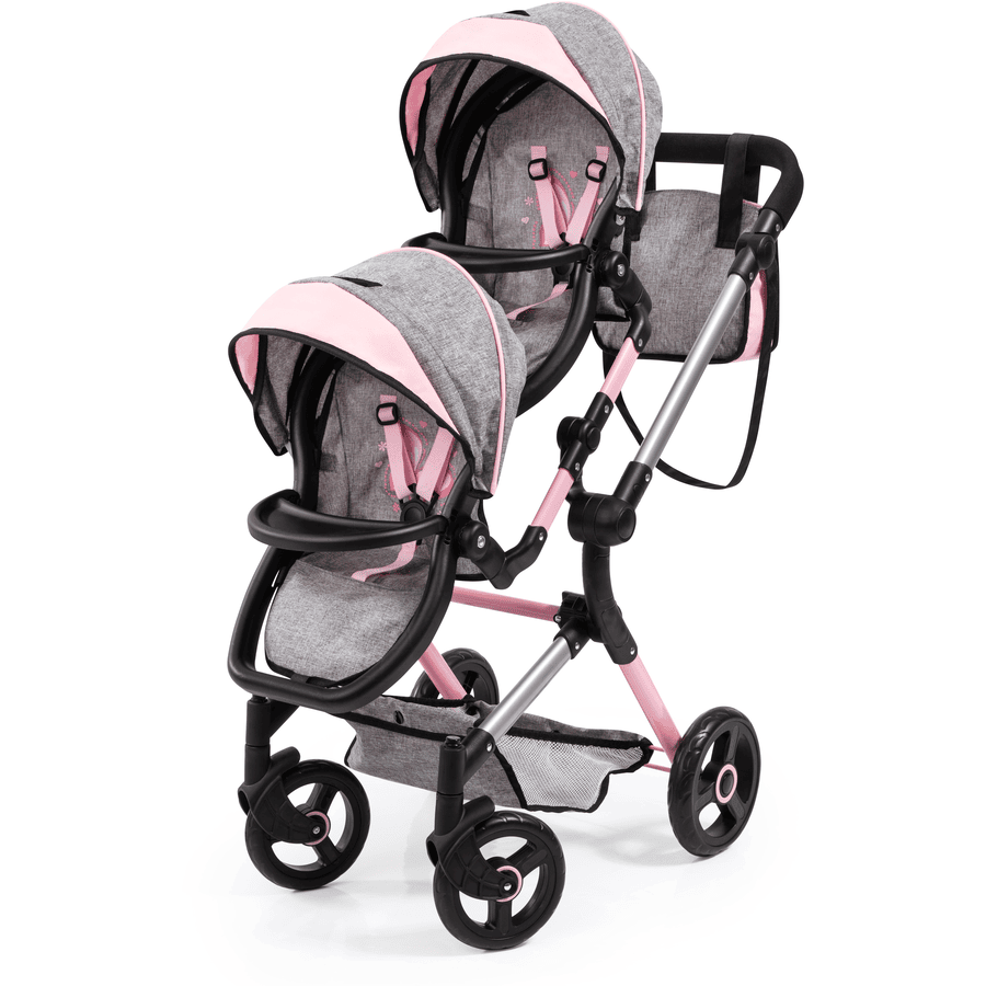 bayer Design Kočárek pro panenky Twin Neo šedý/růžový, s motýlem