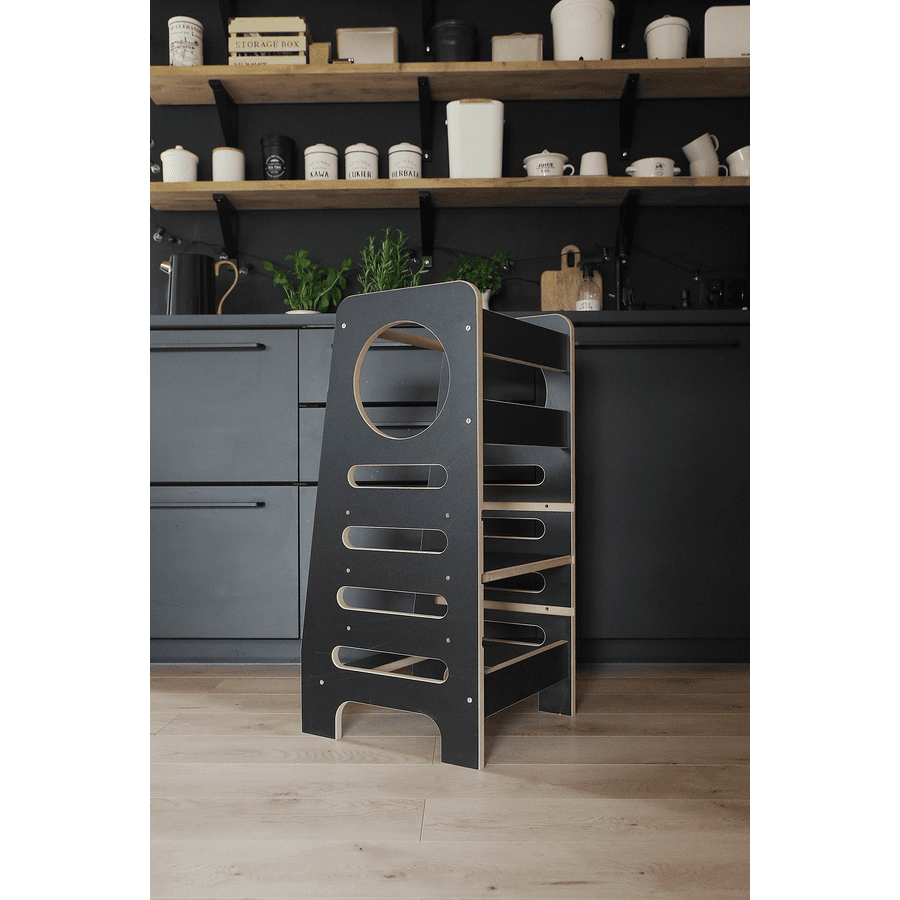 Kids Collective Lernturm Küchenhelfer aus Naturholz Birke, dreifach verstellbare Höhe 85cm schwarz