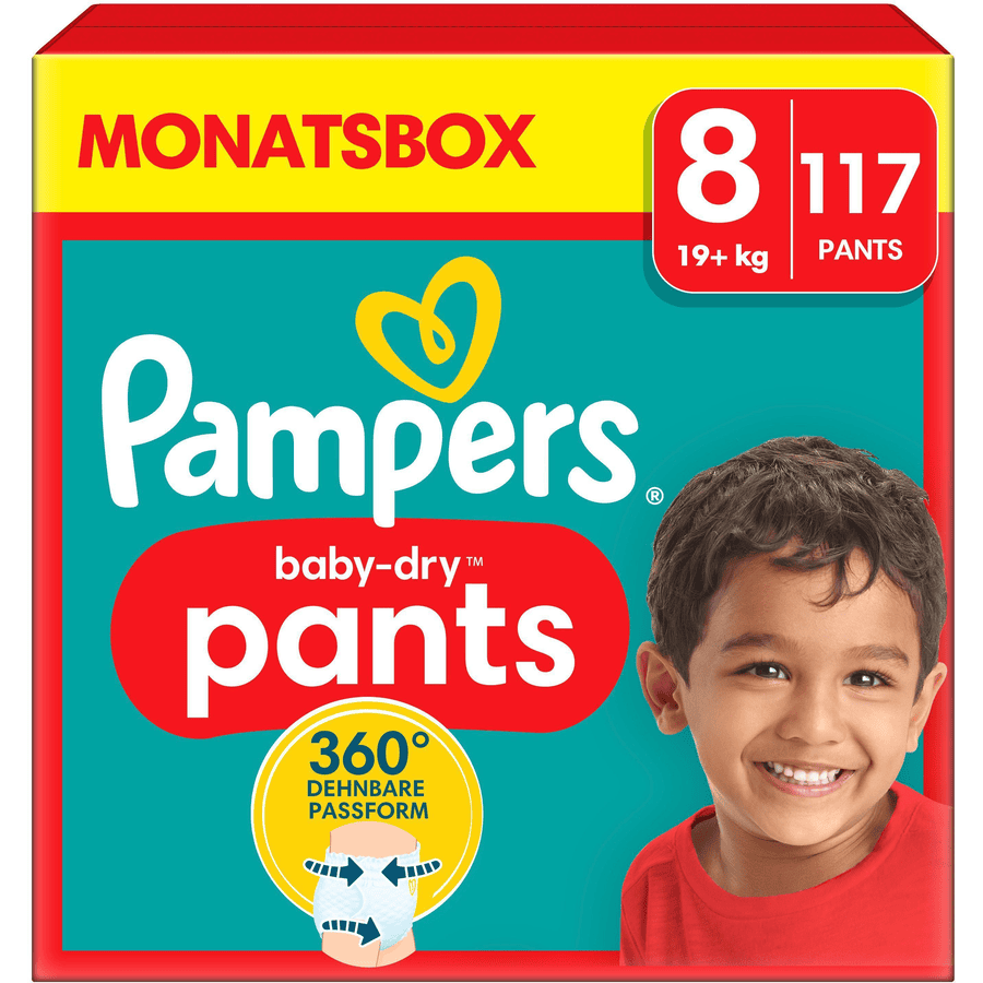 Pampers Baby-Dry Pants, størrelse 8 Extra Large, 19 kg+, månedsboks (1 x 117 bleier)
