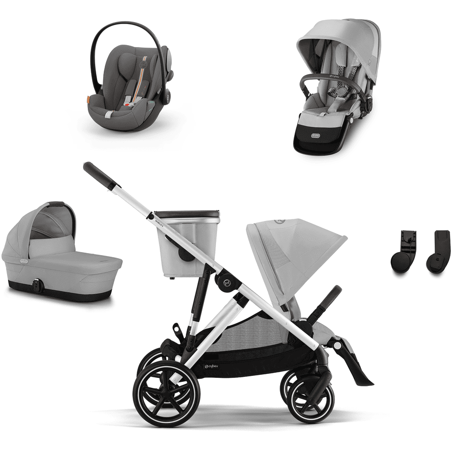 cybex GOLD Silver i-Size Silver Set per fratelli Gazelle S Lava Grey, incluso aggancio per passeggino Gazelle S Cot Lava Grey, seggiolino auto Cloud G Plus Lava Grey Plus, unità di seduta Lava Grey e adattatore