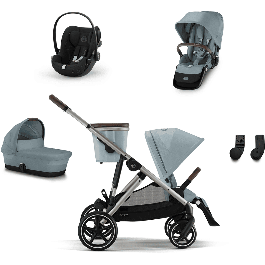 cybex GOLD Carrito gemelar Set Gazelle S Taupe Sky Blue con capazo S Cot Sky Blue, silla portabebés Cloud G i-Size Moon Black, asiento para silla S Sky Blue y adaptador S