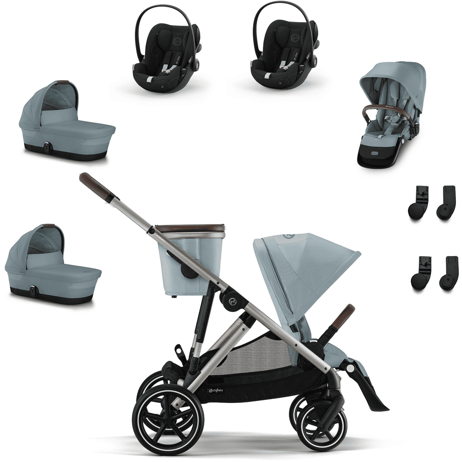 cybex GOLD Black Black i-Size Black Gazelle S Taupe Sky Blue kaksoissetti sis. S Cot Moon lastenvaunukiinnitys , S-istuinyksikkö Moon , Cloud G turvaistuin Plus Moon Plus ja S-adapteri.