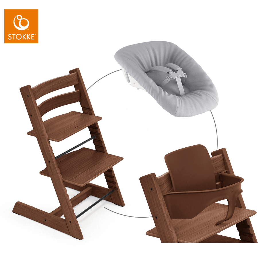 STOKKE® Mega Tripp Trapp® Set Hochstuhl Oak Warm Brown inkl. Newborn Set™ Grey und Baby Set V2 Warm Brown