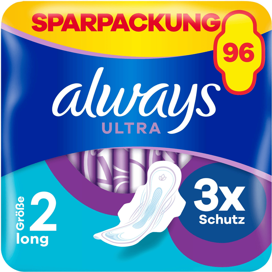 always Ultra Long kuukausipakkaus, 96 tyynyä (3 pakkausta x 32 kpl).