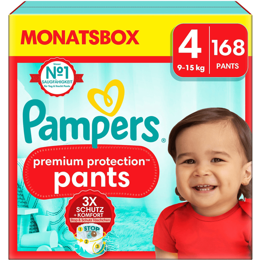 Pampers Premium Protection Pants, storlek 4, 9-15 kg, månadsbox (1x 168 blöjor)