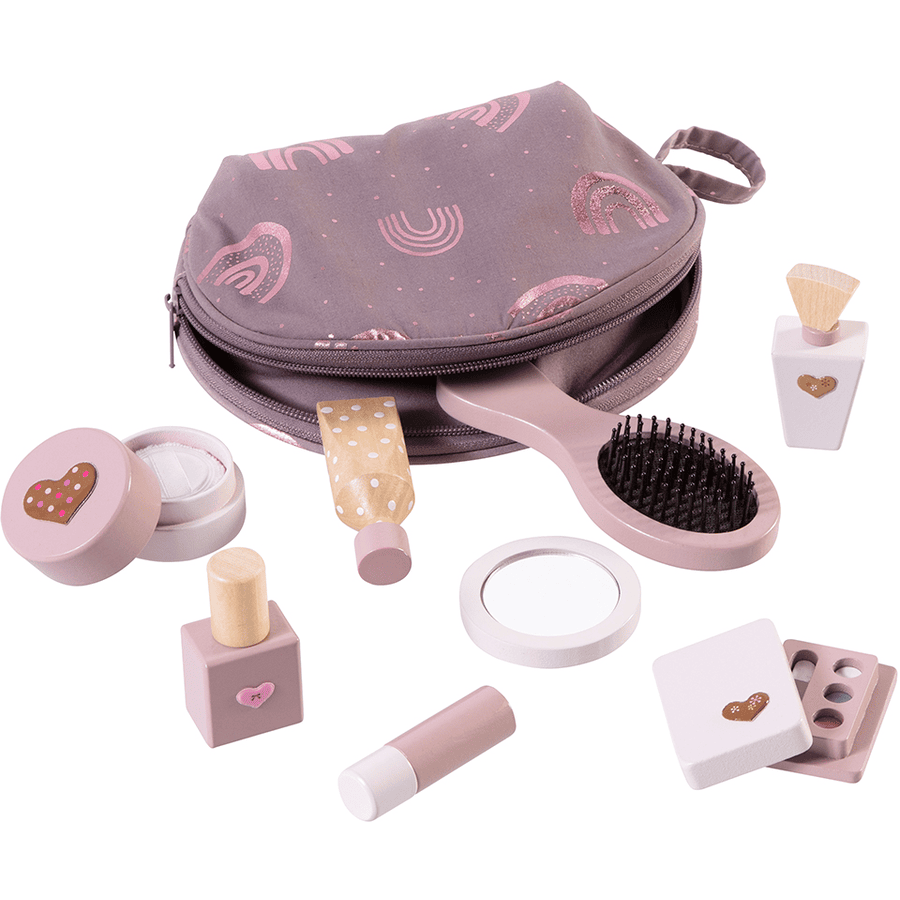 howa ® Toy make-up set kosmetická taška pro děti s 8 ks dřevěných doplňků a samolepkami srdíček