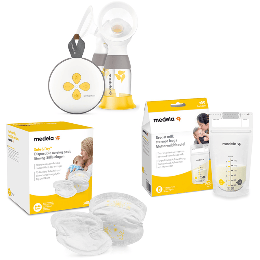 Medela Set de Lactancia Extractor de Leche Eléctrico Doble Swing Maxi, Bolsas de Leche 50 unidades de 180 ml, Cojines de Lactancia Desechables 60 unidades.