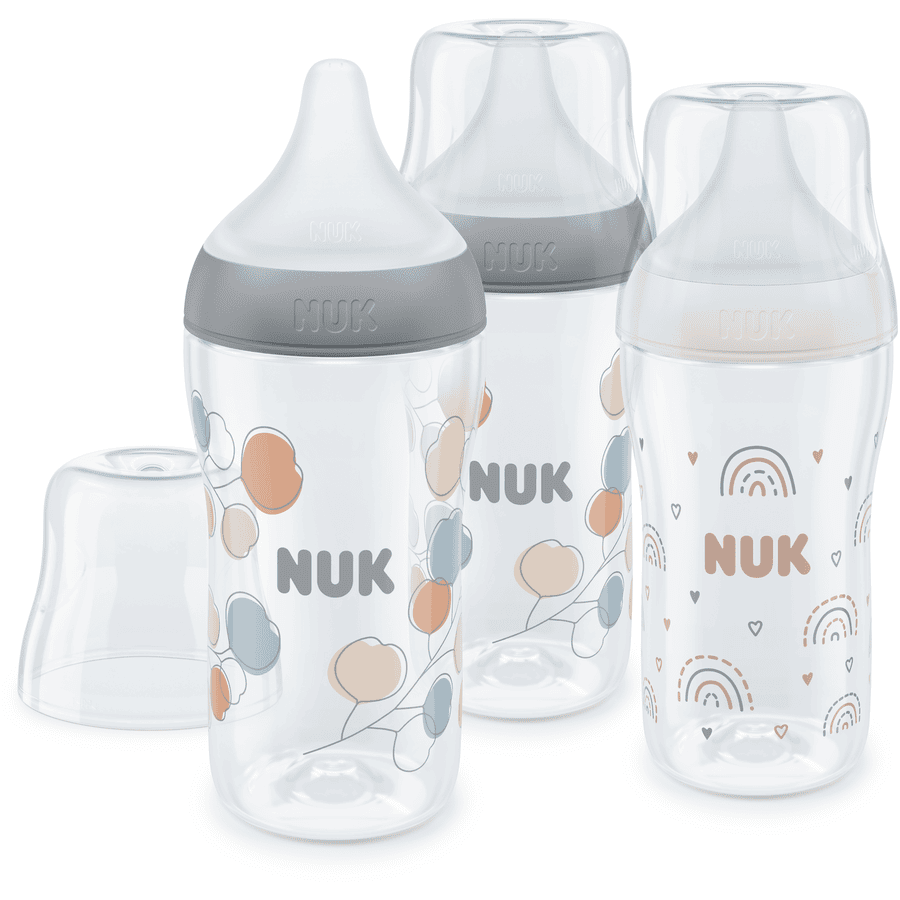 NUK Perfect Match set van 3 flessen met temperatuur Control 260 ml vanaf 3 maanden in wit en grijs