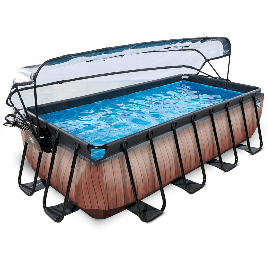 EXIT Wood Pool 400x200x100cm mit Abdeckung, Sandfilter- und Wärmepumpe, braun