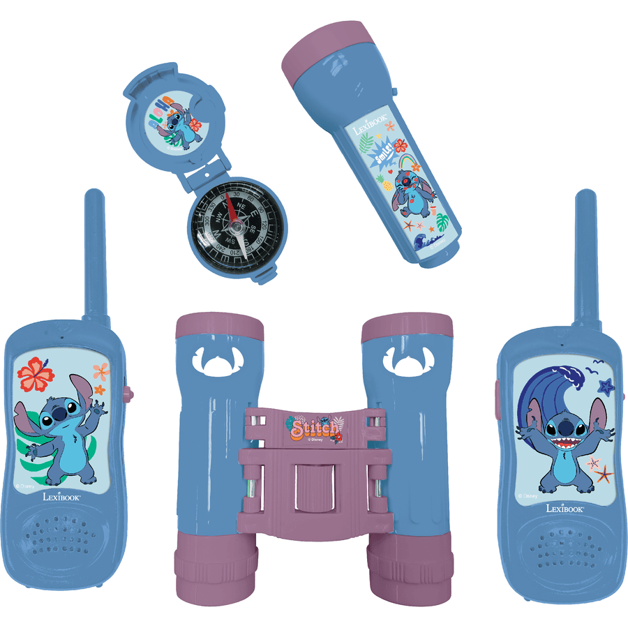 LEXIBOOK Disney Stitch-eventyrsæt med 2 walkie-talkies på op til 120 meter, kikkert, lommelygte og kompas