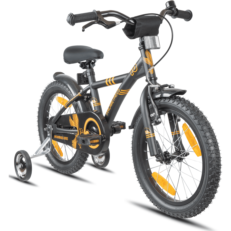 "PROMETHEUS BICYCLES ® barnesykkel 16"", svart matt oransje med treningshjul"