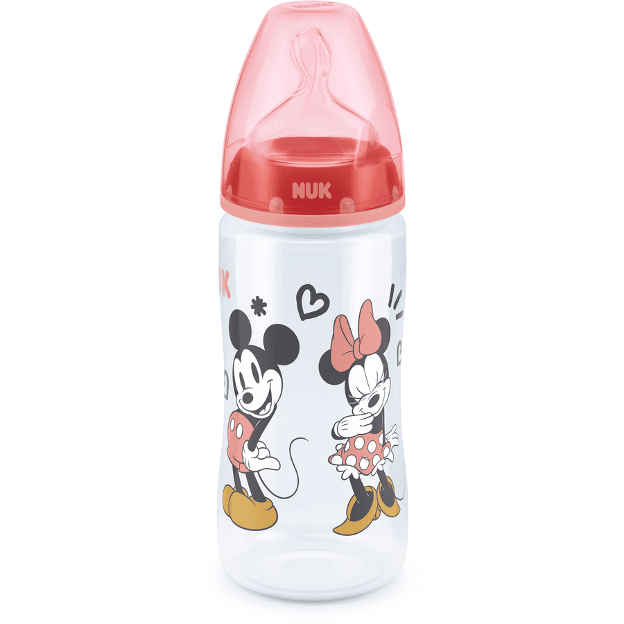 NUK Vauvapullo First Choice + Disney Minnie Mouse 300 ml, lämpötila Control punainen.