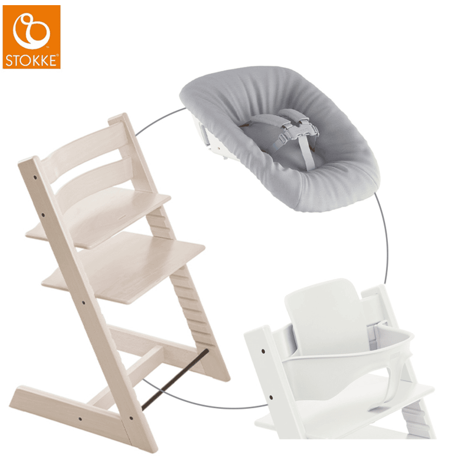 STOKKE® Mega Tripp Trapp® Set Hochstuhl Buche Whitewash inkl. Newborn Set™ Grey und Baby Set V2 weiß