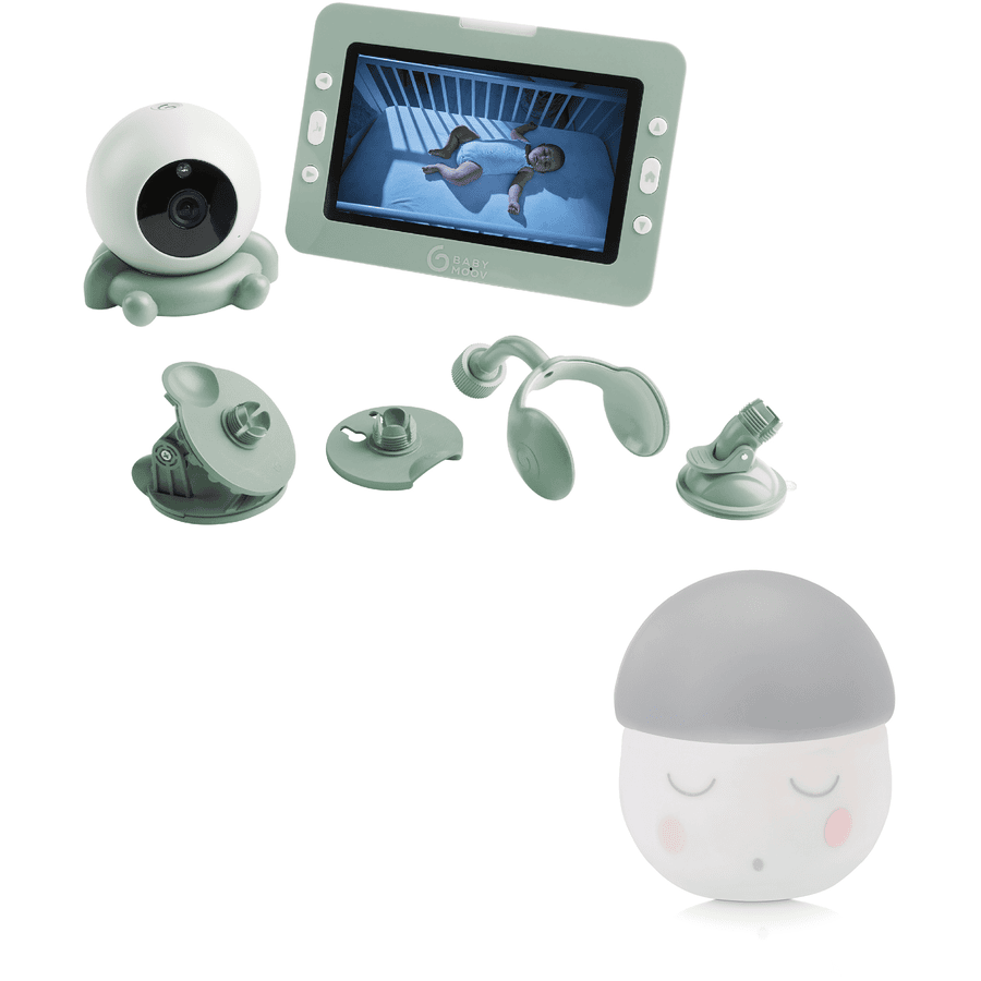 babymoov  Kameralla varustettu vauvahälytin YOO GO PLUS pastellinvihreä + yövalo Squeezy valkoinen/harmaa veloituksetta