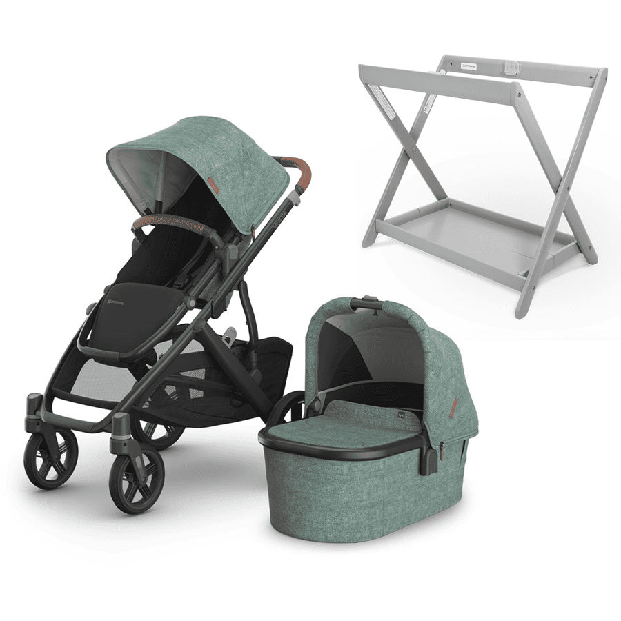 UPPAbaby Kinderwagen Vista V3 Gwen Green Melange inklusive Babywannen Ständer Grey