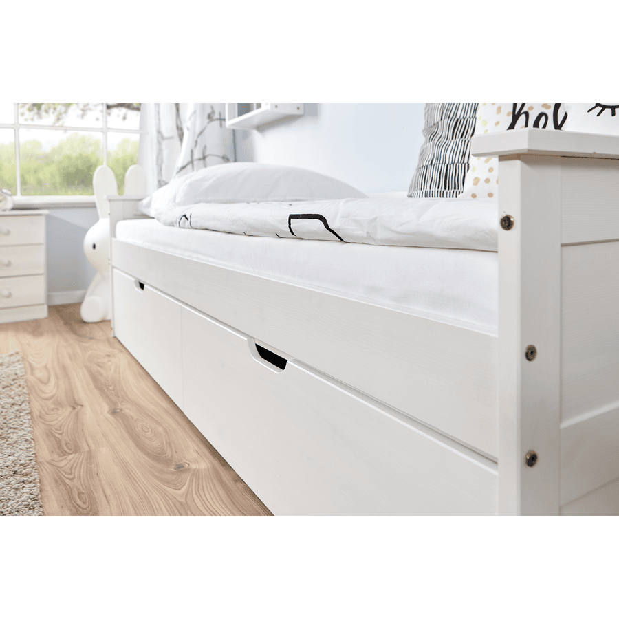 TiCAA Letto singolo Leni 90 x 200 cm in pino bianco con 5 cassetti