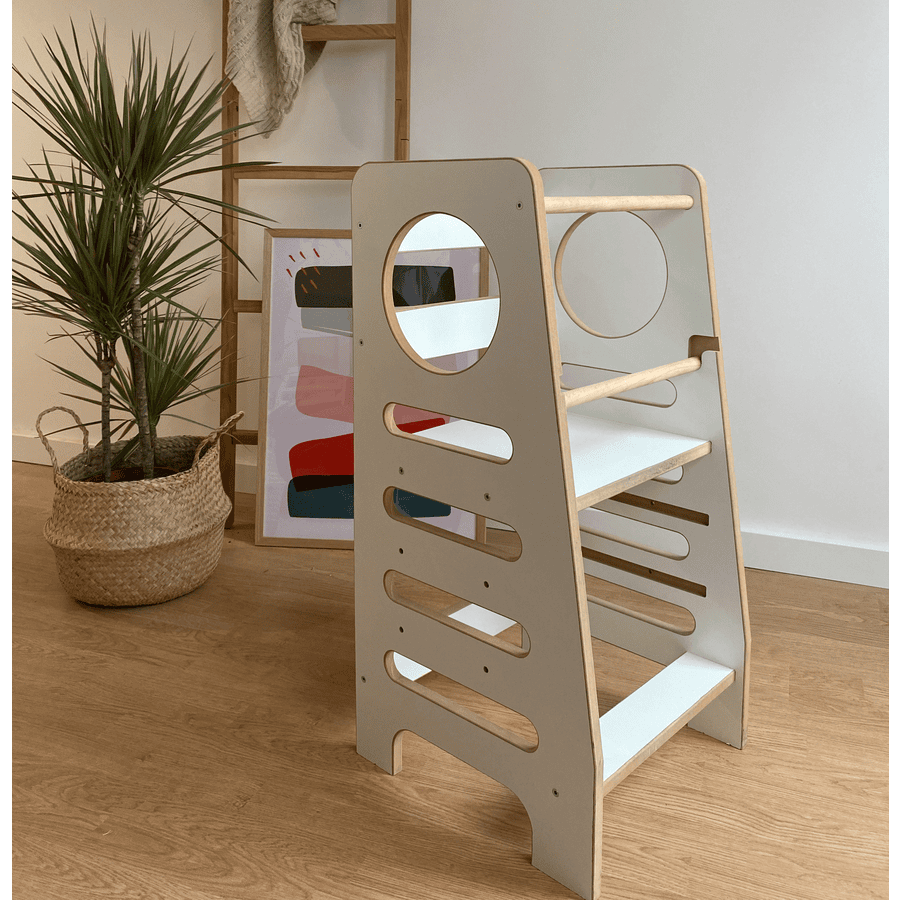 Kids Collective Lernturm Küchenhelfer aus Naturholz Birke, dreifach verstellbare Höhe 85cm weiß