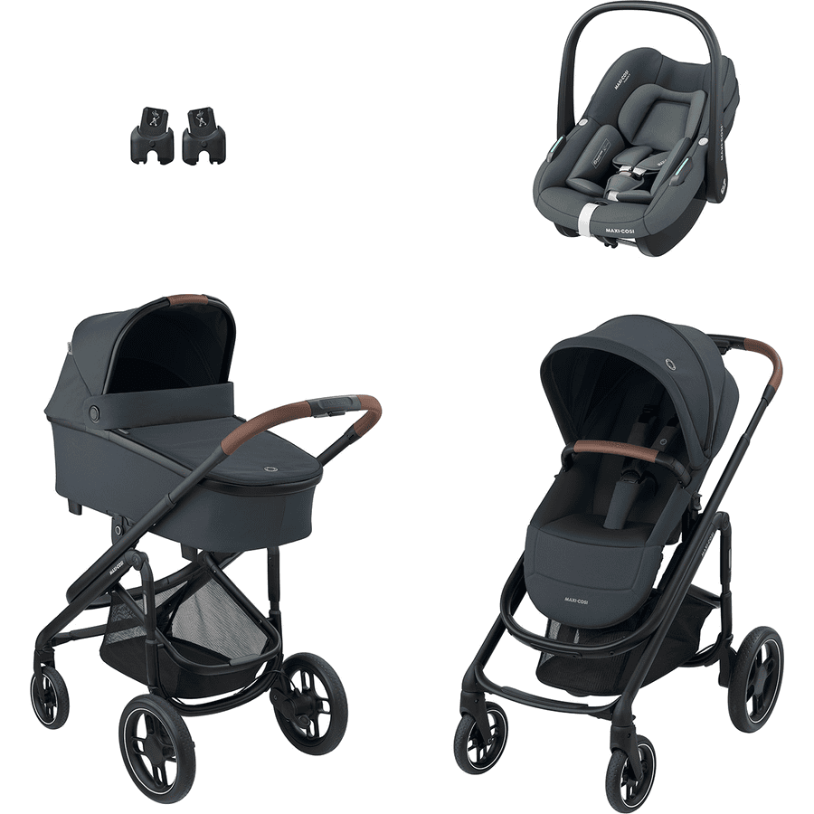 MAXI COSI Kombikinderwagen Plaza Plus Essential Graphite inkl. Babyschale Pebble S Tonal Graphite und Adapter Baby Black