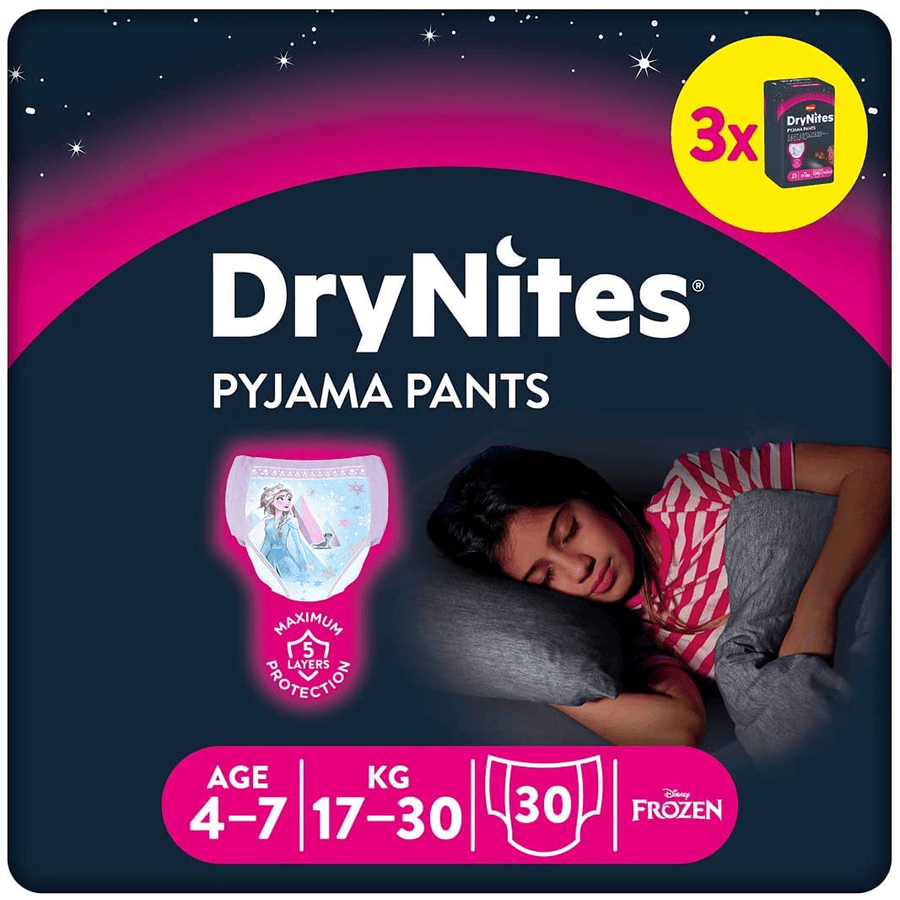 Huggies DryNites pyjamasbukser til engangsbrug piger 4-7 år 3 x 10 stk.