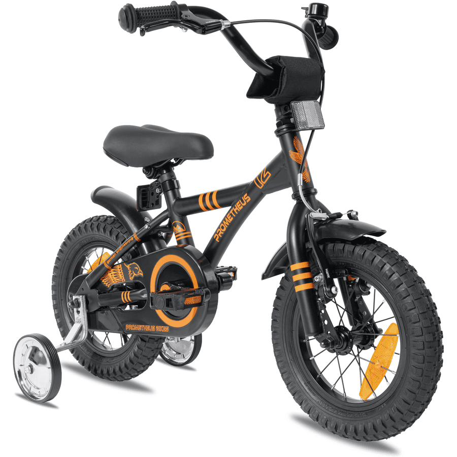 PROMETHEUS BICYCLES ® Dětské kolo 12" v černé matné barvě &amp; Orange od 3 let s tréninkovými kolečky