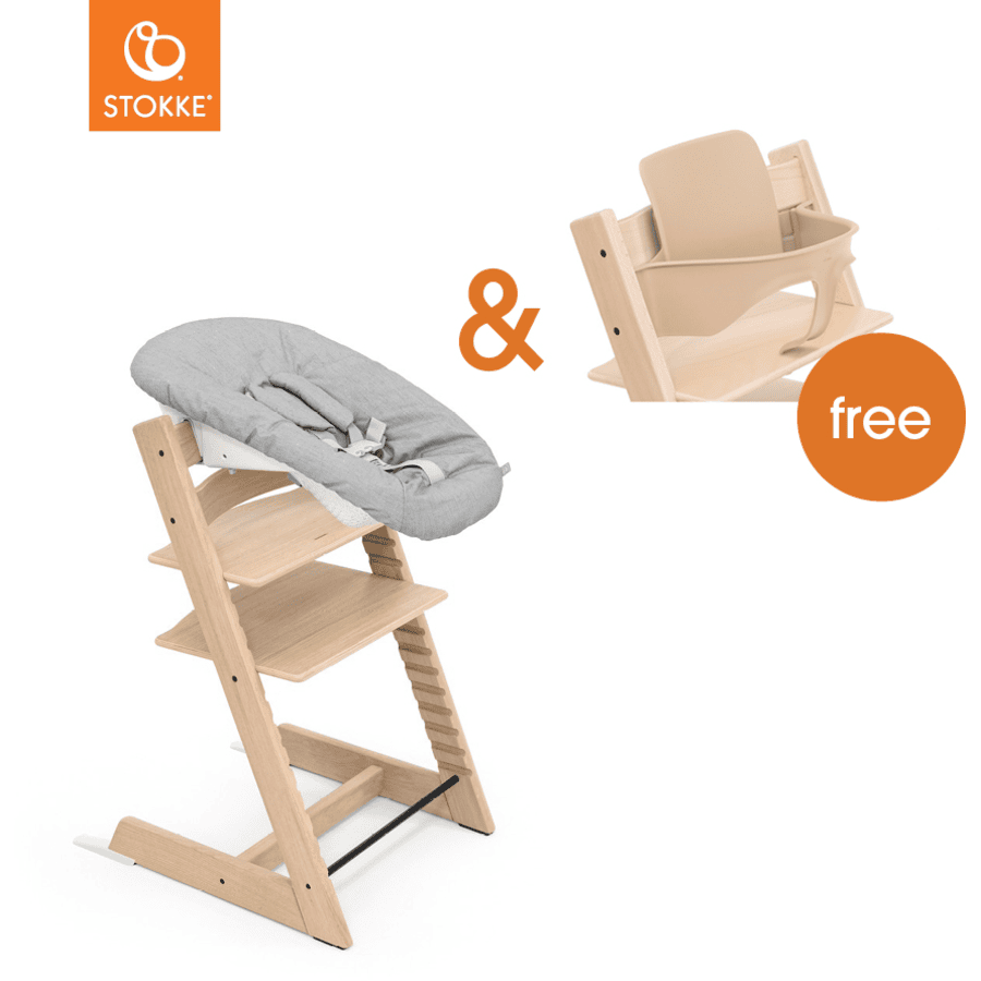 STOKKE® Mega Tripp Trapp® Set Hochstuhl Oak natur inkl. Newborn Set™ Grey + gratis Baby Set V2 natur