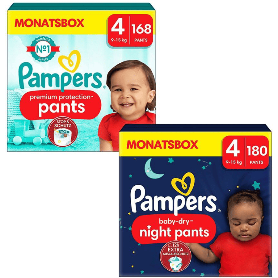 Pampers Bleiesett Premium Protection Pants, str. 4, 9-15 kg, månedseske (168 bleier) og Baby-Dry Pants Night , str. 4 Maxi, 9-15 kg, månedseske (180 bukser)