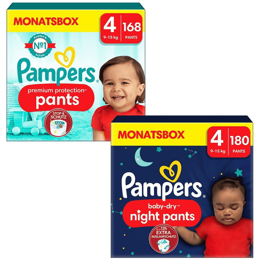 Pampers Vaippasetti Premium Protection Pants, koko 4, 9-15kg, kuukausipakkaus (168 vaippaa) ja Baby-Dry Pants Night, koko 4 Maxi, 9-15kg, kuukausipakkaus (180 housua)