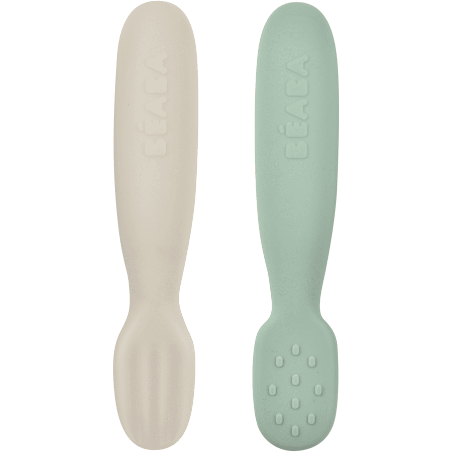 BEABA  ® Learning spoon sett med 2 skjeer i silikon salviegrønn/ velvet grå