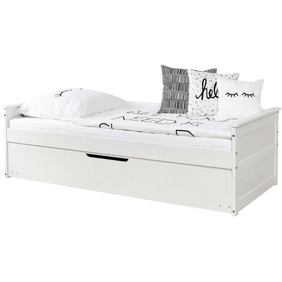 TiCAA Łóżko/kanapa Theodor 100 x 200 cm sosnowe, białe z dodatkowym miejscem do spania