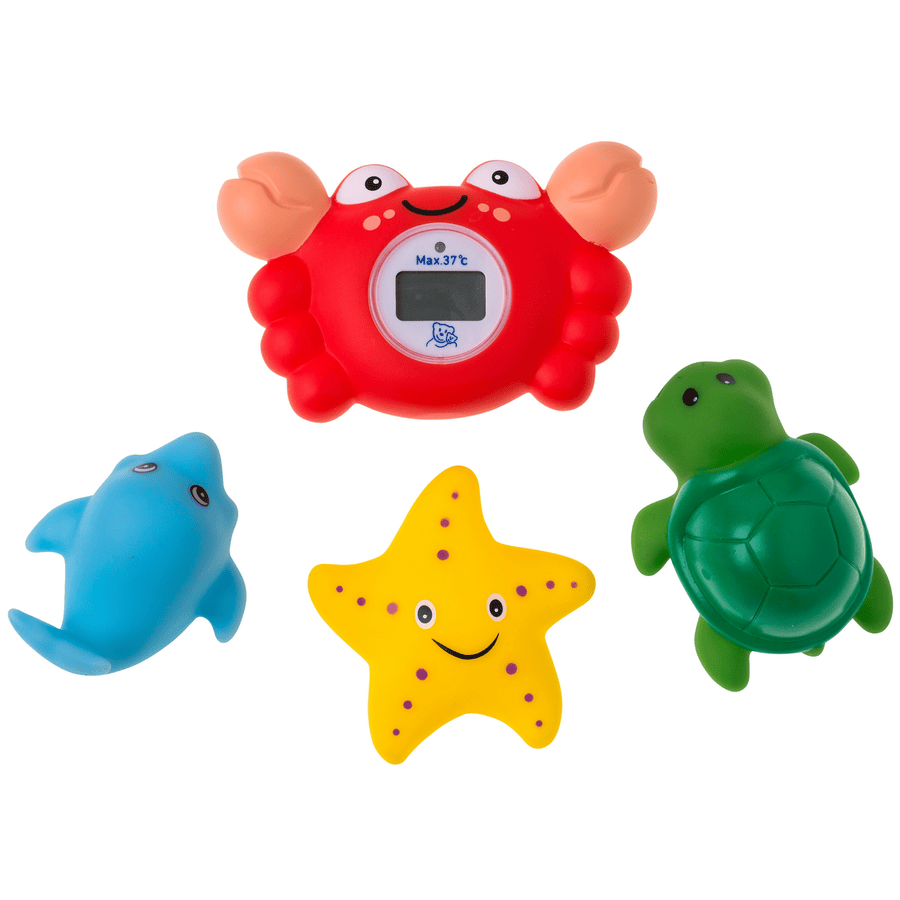 Rotho Thermomètre de bain numérique crabe, 3 jouets cracheurs