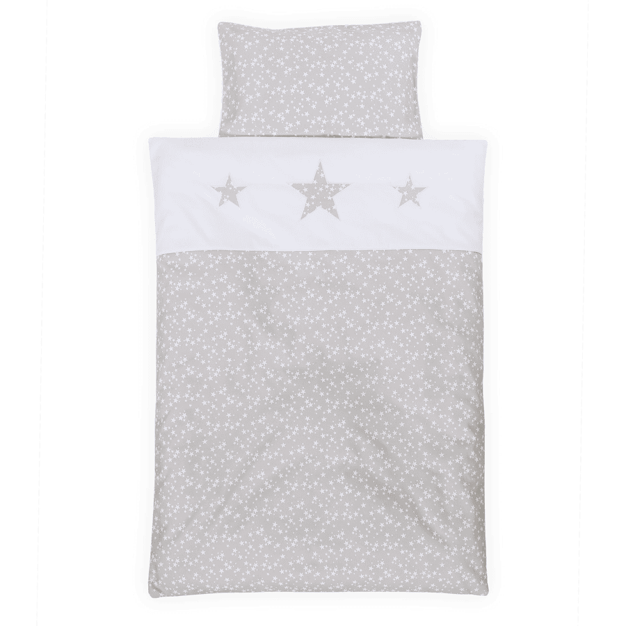 babybay ® Pościel dziecięca piqué, perłowo-szara w białe gwiazdki z aplikacją gwiazdki 100 x 135 cm